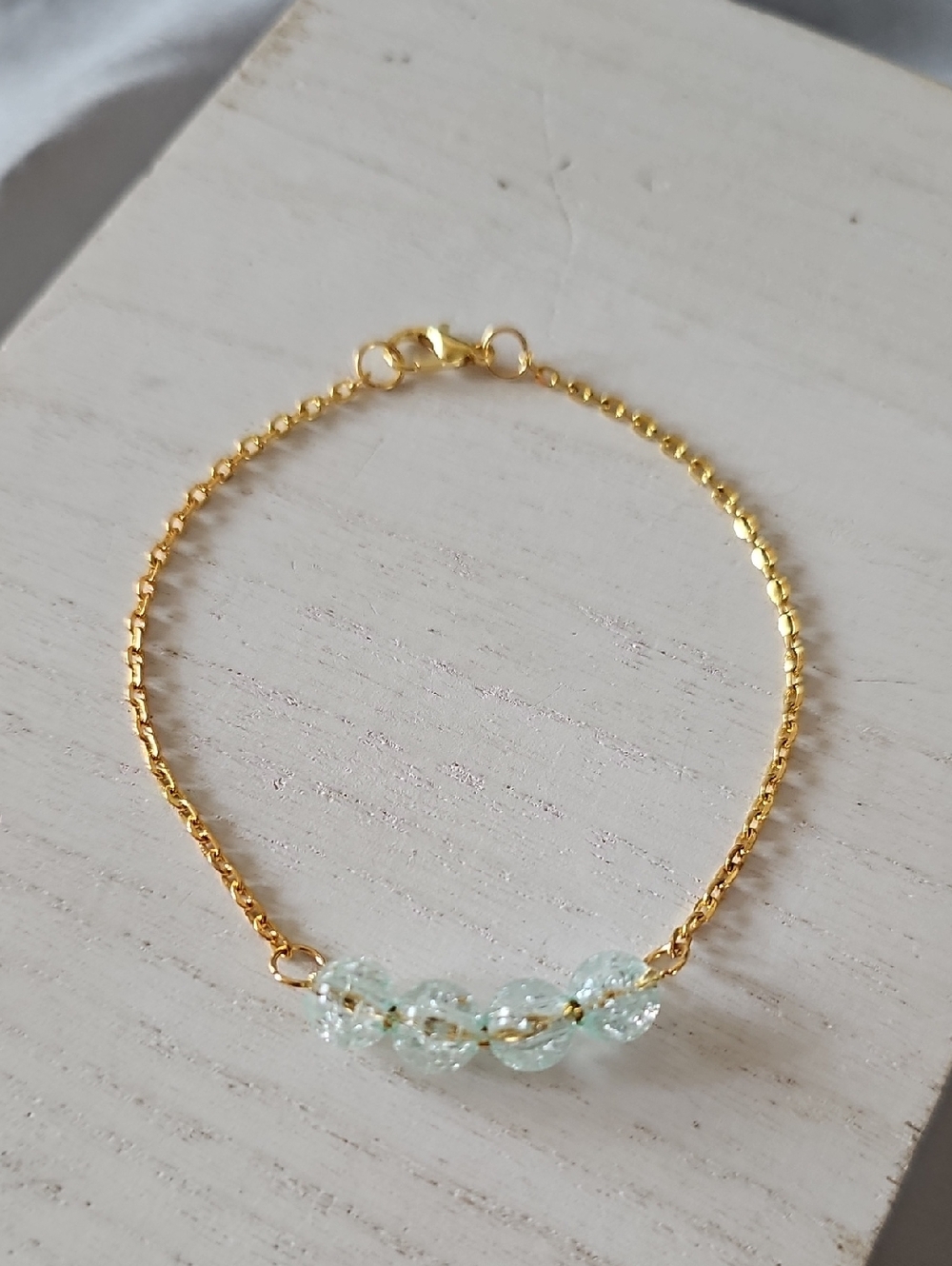 Delicate Gold Tone Chain Bracelet with Light Aqua Beads